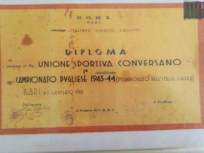 L'attestato del campionato pugliese Italia Libera vinto nel 1944 dall'U.S. Conversano